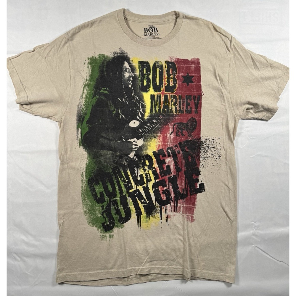 Bob Marley Mens Concrete Jungle Reggae Band Tee L Tan Rasta Graphic T-Shirt
